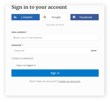 Eine Single-Sign-On-Seite mit der Möglichkeit, sich über LinkedIn, Facebook oder Google anzumelden
