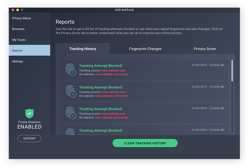 La schermata Rapporti nell’app AVG AntiTrack