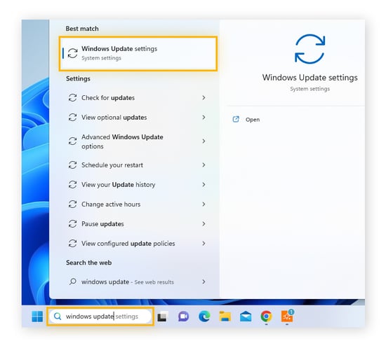  Typ 'Instellingen Windows Update' in uw zoekvak en open de optie wanneer deze wordt weergegeven.