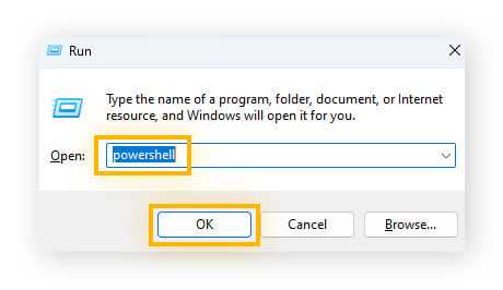 Typ 'powershell' en klik op OK.