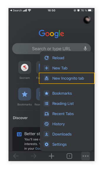 Selecteer Nieuw incognitotabblad om privé browsen te activeren vanuit de Chrome-app op uw mobiele telefoon.