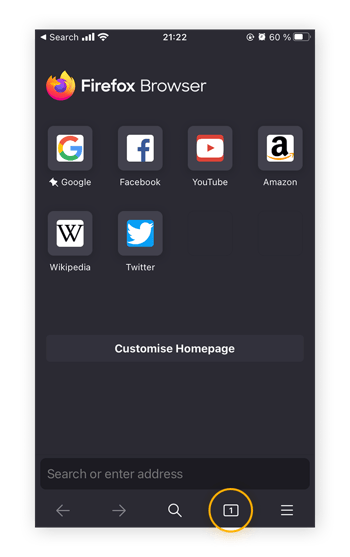 Tik op het tabbladpictogram onderaan het scherm van de Firefox-browser om nieuwe tabbladopties te zien.