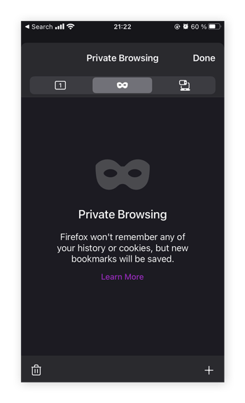 Selecteer het maskerpictogram om de modus voor privé browsen van Firefox op iOS in te schakelen.