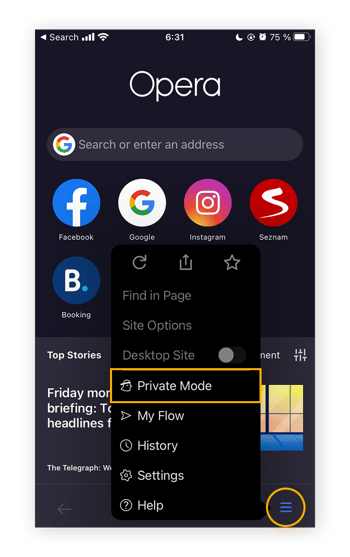Tik op het menupictogram en selecteer Privéstand om privacy browsen van Opera voor iOS in te schakelen.