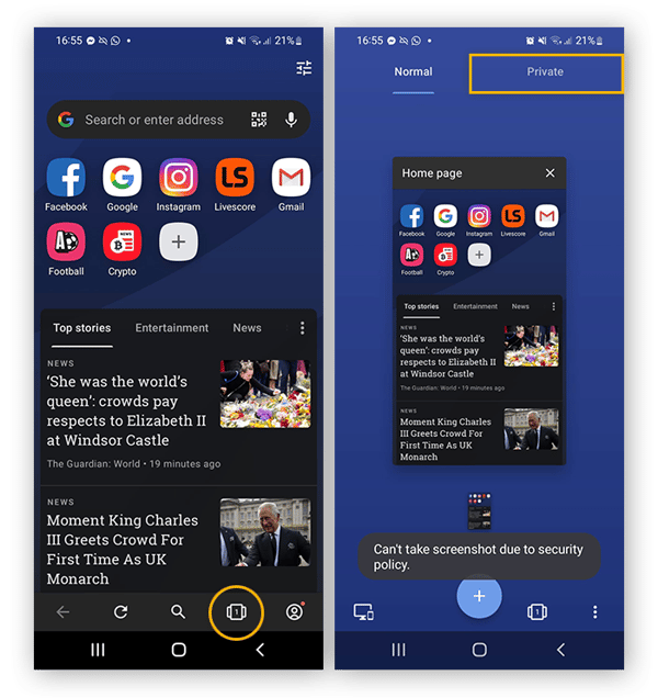 Klik op het tabbladpictogram en selecteer vervolgens privé browsen in Opera op Android.
