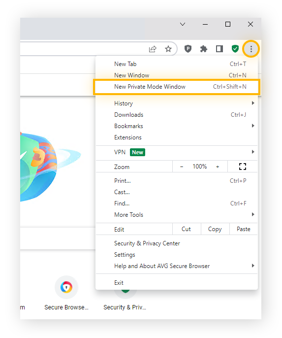 Een nieuw venster Privémodus openen in AVG Secure Browser.