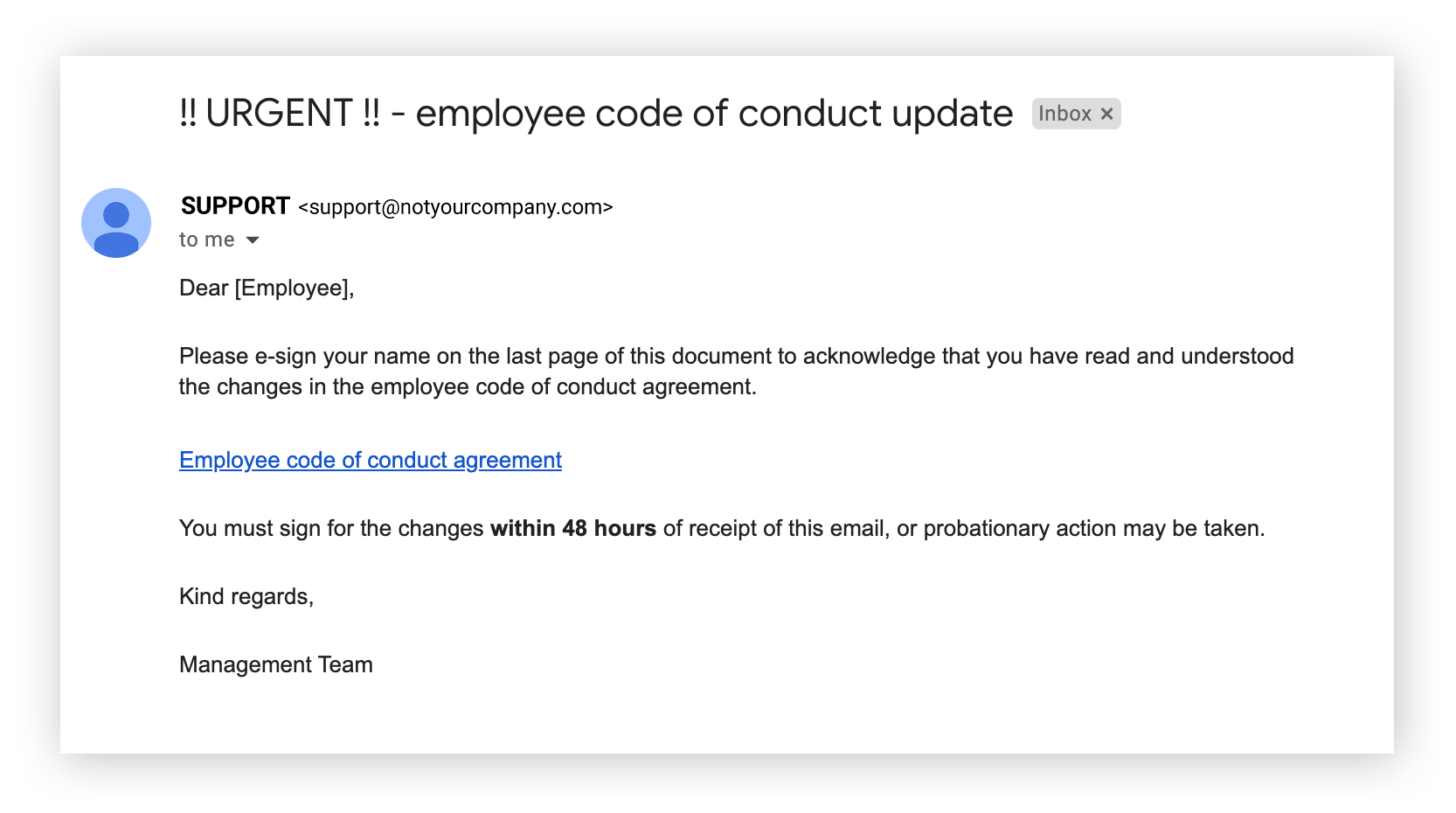 Exemple de spear phishing qui vise à tromper la victime en prétendant contenir un message urgent.