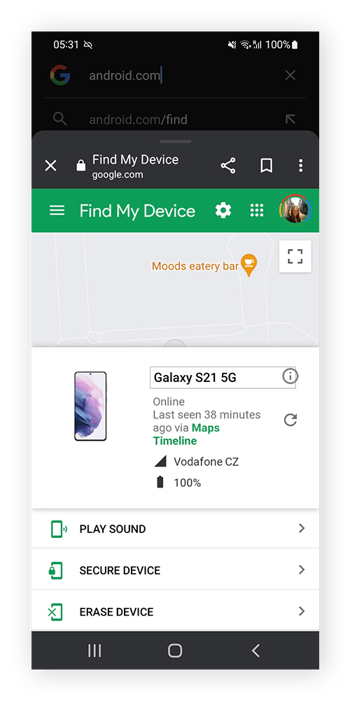 Abra https://www.google.com/android/find e inicie sesión para ver las opciones de un teléfono Android perdido.
