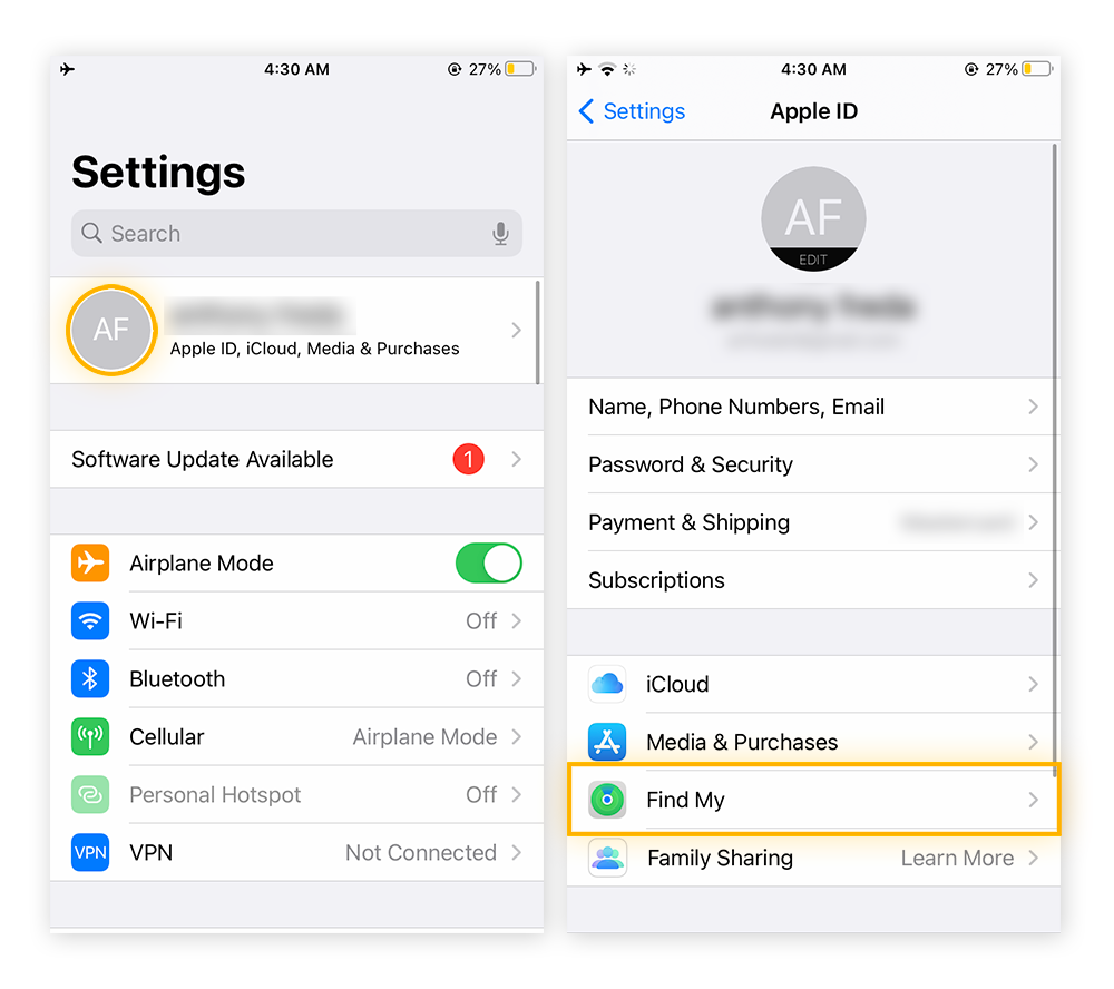 Abrir los ajustes de iCloud para acceder a la función Buscar.