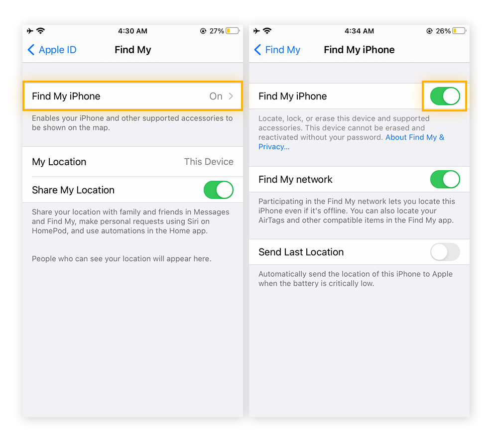 Opciones de Buscar mi iPhone en los ajustes de iCloud de iPhone.