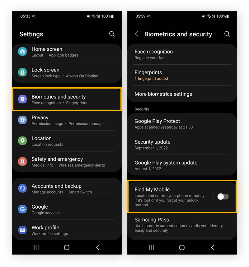 Abra los Ajustes de Android > Biometría y seguridad para activar Buscar mi móvil.