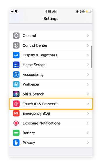 Una vista de los ajustes del iPhone, con Touch ID y código.
