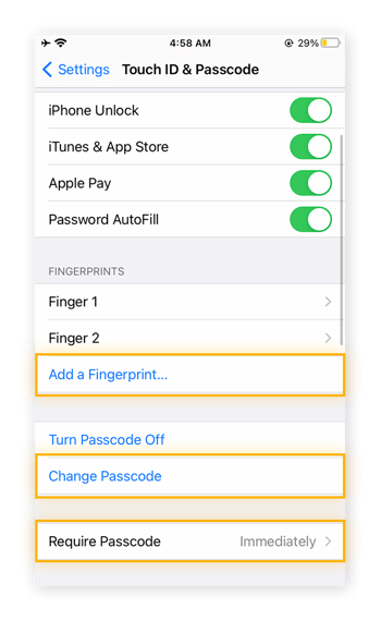 Una vista de los ajustes de Touch ID y código. Las opciones Añadir huella digital, Cambiar código y Solicitar código de inmediato están marcadas.