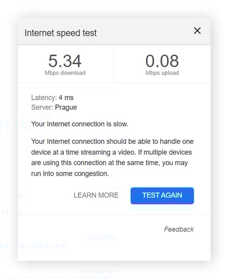 Internet speed test results showing upload speed, download speed, and ping.