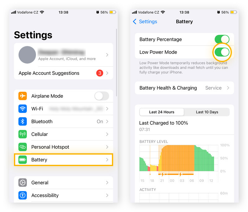 Ativação do modo de baixo consumo de energia para evitar o superaquecimento do iPhone.