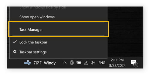 Anzeige des Task-Managers als anklickbare Option nach einem Rechtsklick in die Taskleiste.