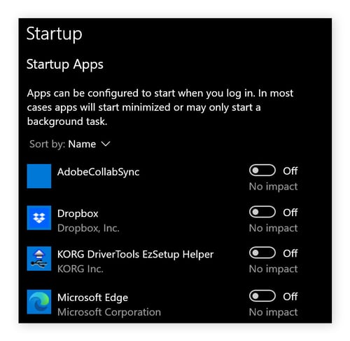 Ansicht der Autostart-Anwendungen in Windows. Einige Anwendungen werden angezeigt und sind ausgeschaltet.
