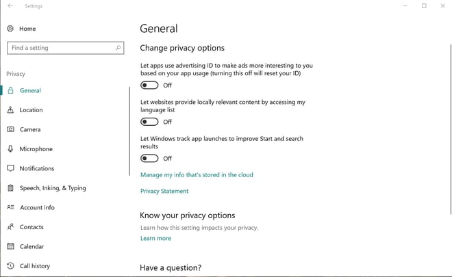 The General settings under Privacy The General settings under Privacy