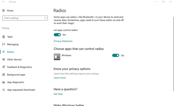 The radio settings in Windows 10 The radio settings in Windows 10