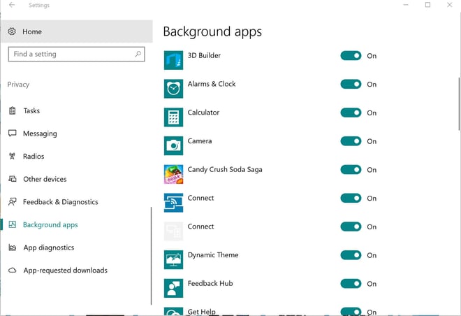 The background apps settings in Windows 10 The background apps settings in Windows 10