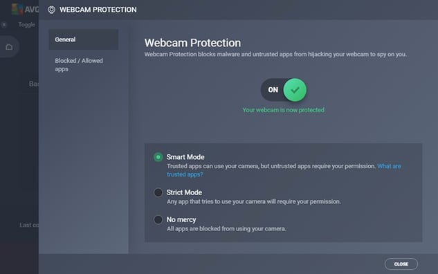 Captura de pantalla de la configuración de Protección de webcam en AVG Internet Security Captura de pantalla de la configuración de Protección de webcam en AVG Internet Security