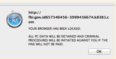 Screenshot of the FBI Ransomware popup message which warns that the victim's browser is locked.