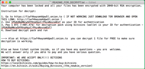  Screenshot of the KeRanger ransom instructions for decrypting files.