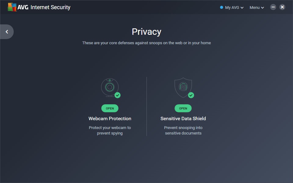 Captura de tela do Módulo Dados Sigilosos no AVG Internet Security