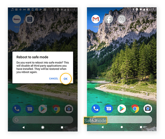 Rebooting to safe mode in Android 11 to help detect any malicious apps.