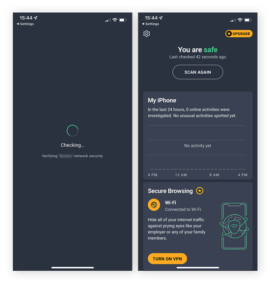 Running an antivirus scan with free AVG Mobile Security to check for malware on iOS devices.