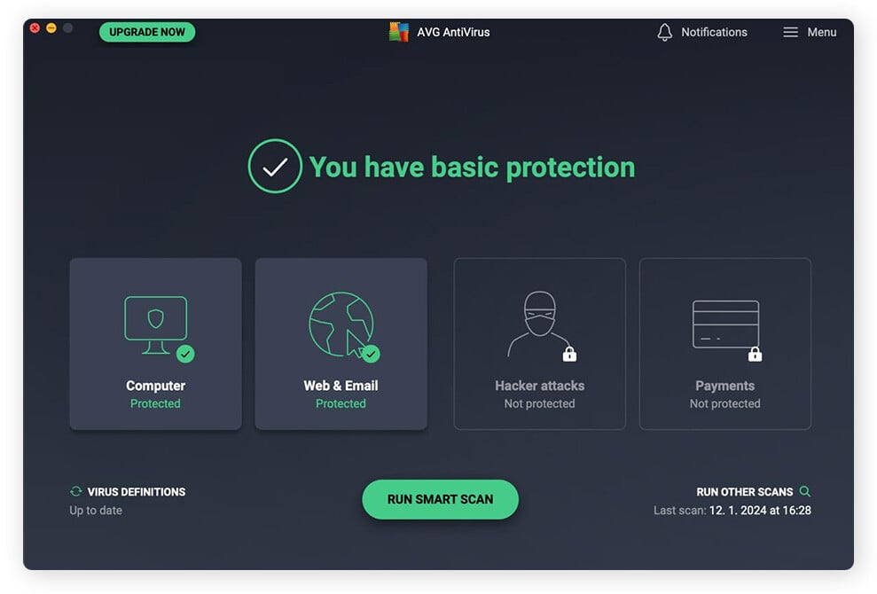 Haupt-Dashboard von AVG AntiVirus für Mac vor dem Starten eines Virenscans.