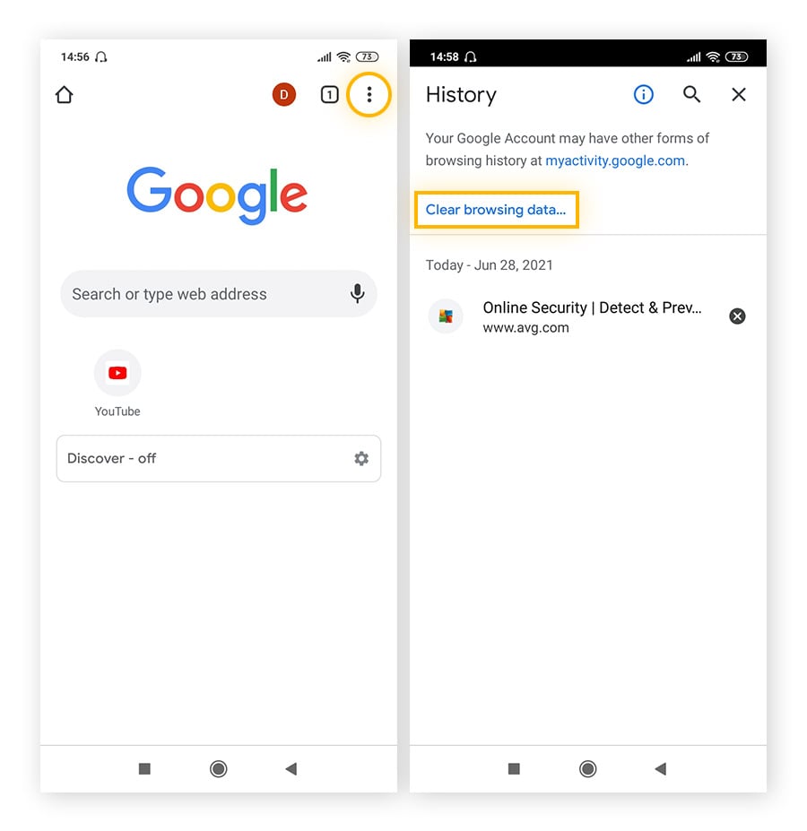 Per svuotare la cache del browser Chrome, vai a Cronologia, quindi Cancella dati di navigazione.