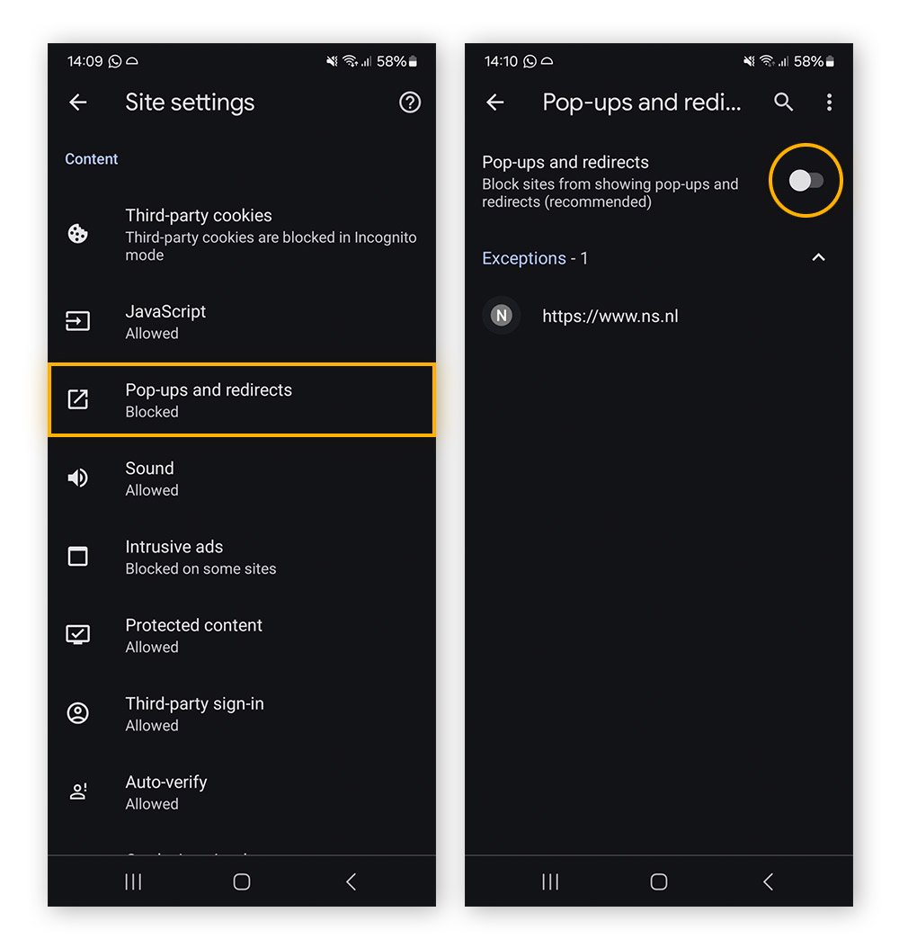 Blocking pop-ups via the Pop-ups and redirects settings in Chrome for Android.