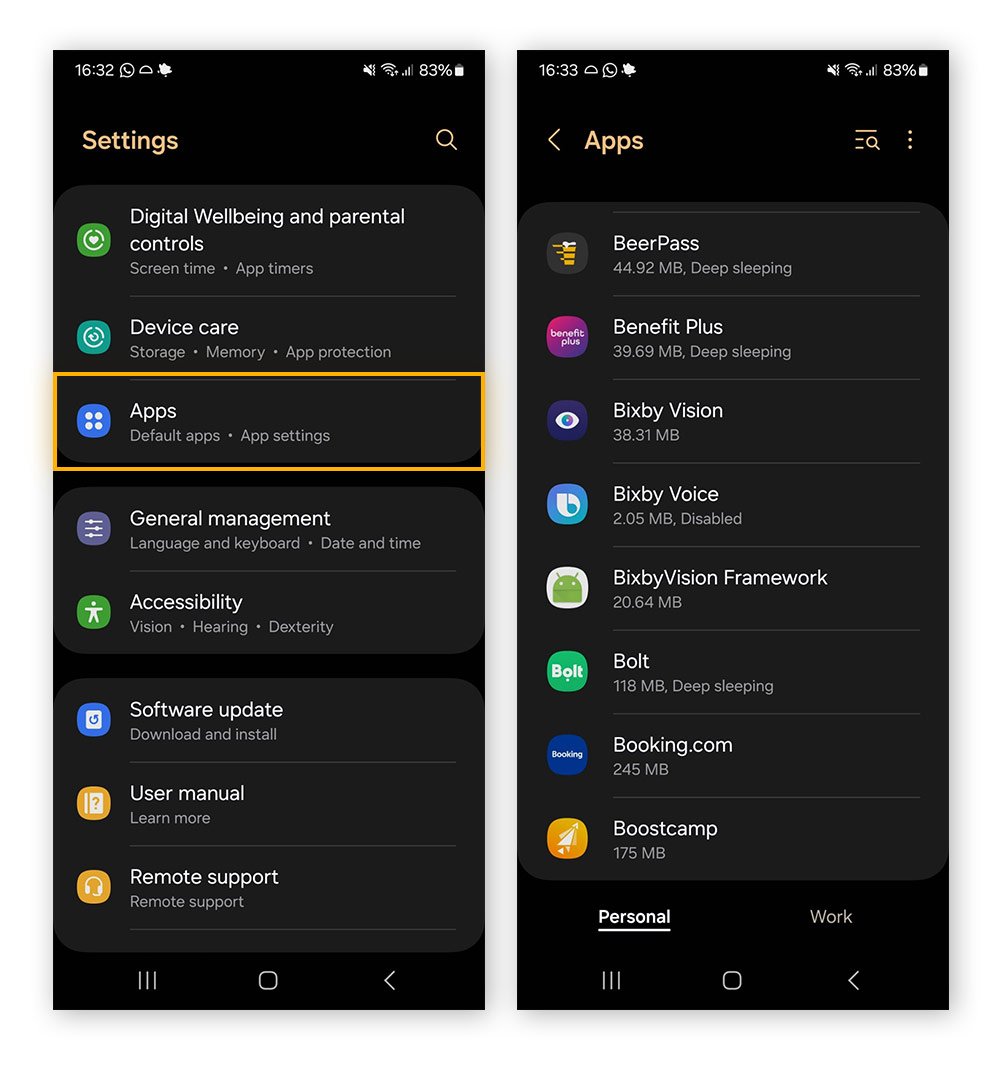 Starting the app uninstall process via Android Settings > Apps screens.